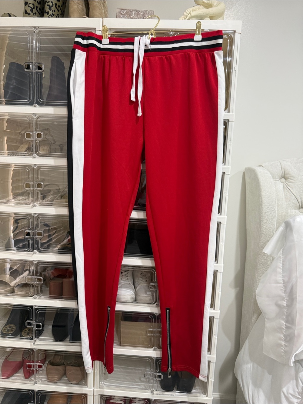 Men's Red Side-Stripe Joggers with Zipper Hem